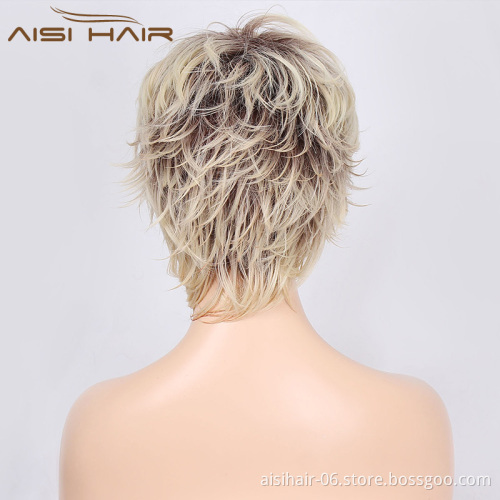 Aisi Hair Wholesale Short Straight Pixie Cut Wigs With Brown Roots For Women Ombre Blonde Heat Resistant Cheap Wig